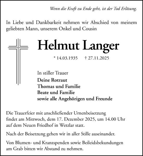 Traueranzeige von Helmut Langer von Wetzlarer Neue Zeitung