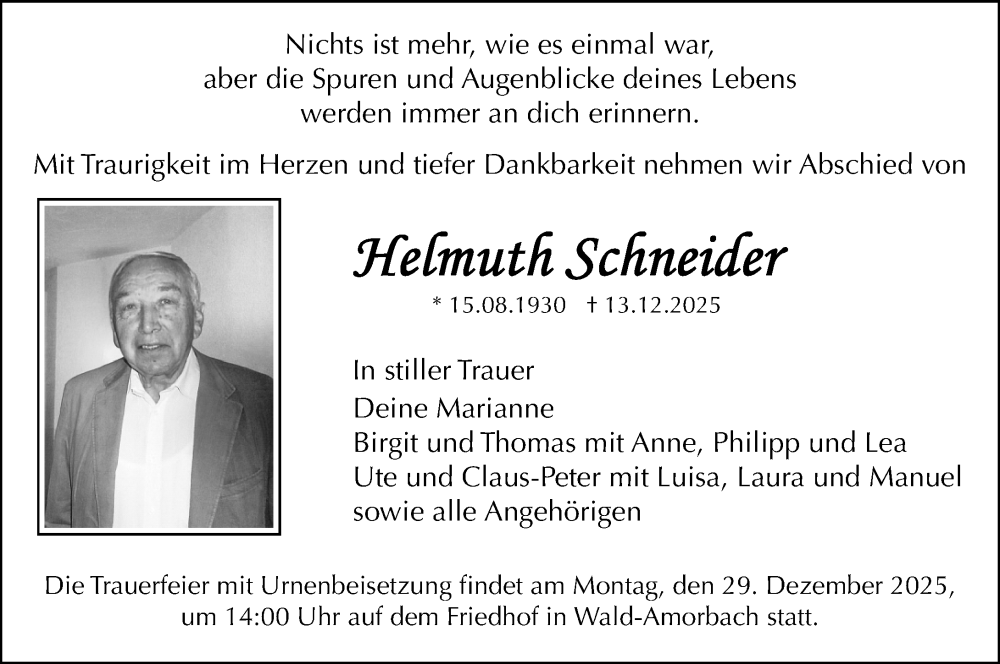  Traueranzeige für Helmuth Schneider vom 27.12.2025 aus Odenwälder Echo