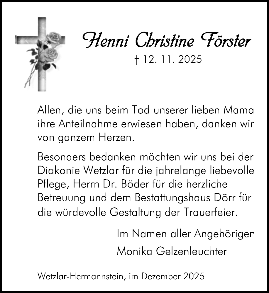  Traueranzeige für Henni Christine Förster vom 13.12.2025 aus Wetzlarer Neue Zeitung