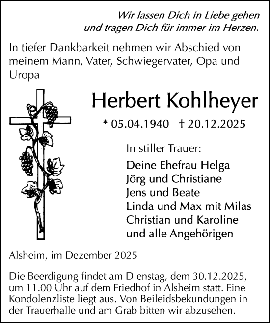 Traueranzeige von Herbert Kohlheyer von Wormser Zeitung