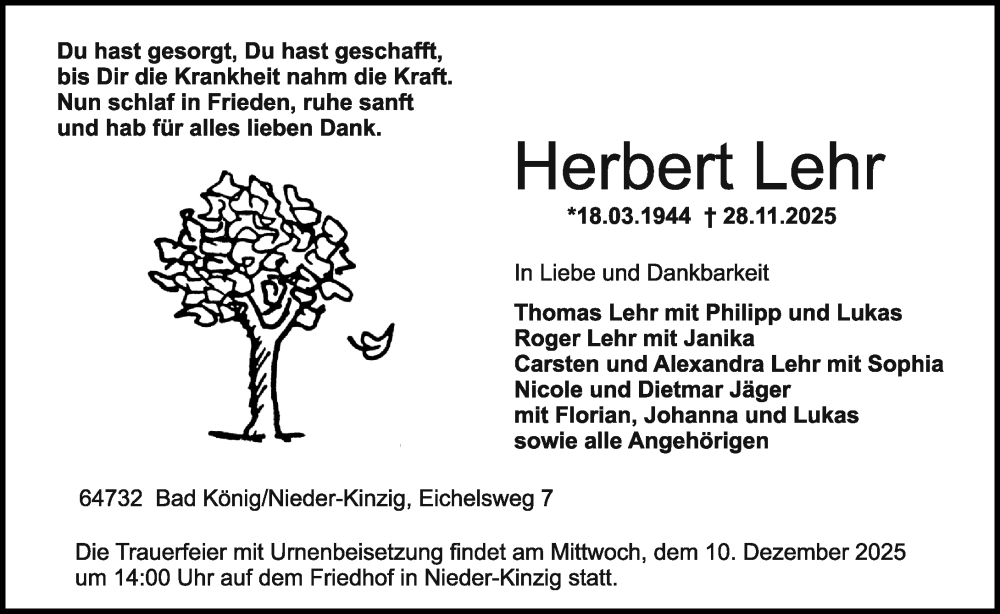  Traueranzeige für Herbert Lehr vom 06.12.2025 aus Odenwälder Echo