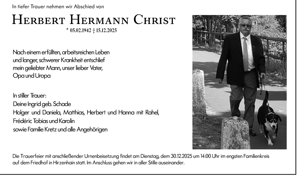  Traueranzeige für Herbert Hermann Christ vom 19.12.2025 aus Dill Block