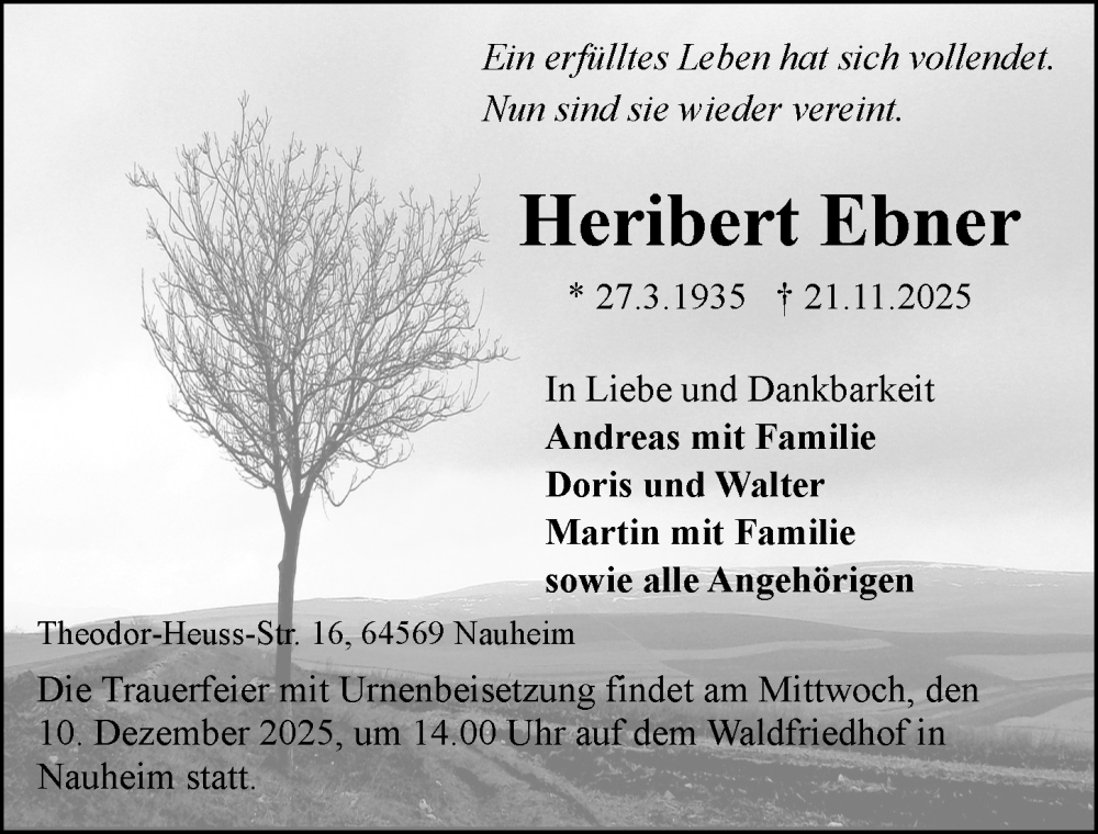  Traueranzeige für Heribert Ebner vom 09.12.2025 aus Rüsselsheimer Echo