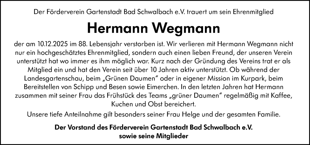  Traueranzeige für Hermann Wegmann vom 20.12.2025 aus Idsteiner Land/Untertaunus