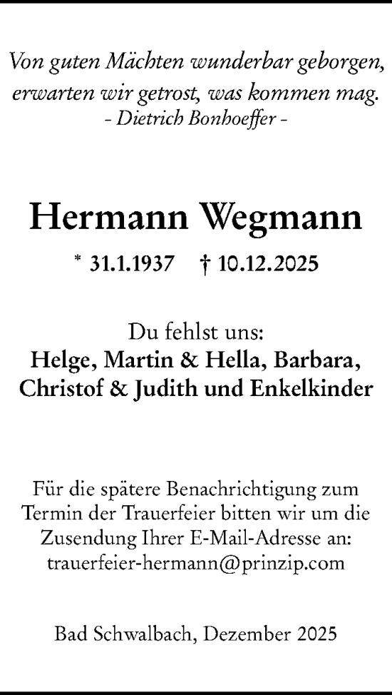 Traueranzeige von Hermann Wegmann von Idsteiner Land/Untertaunus