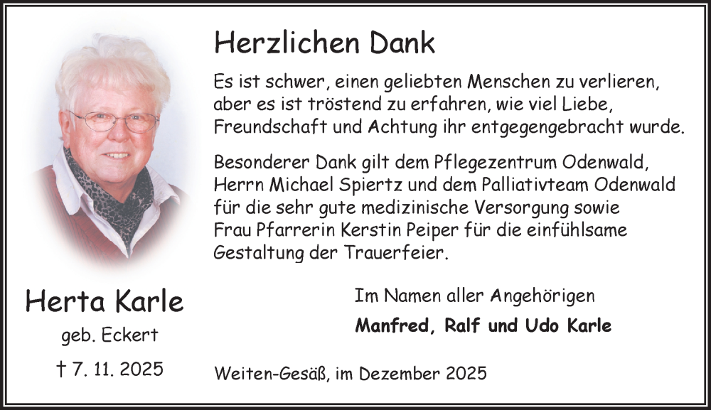  Traueranzeige für Herta Karle vom 06.12.2025 aus Odenwälder Echo