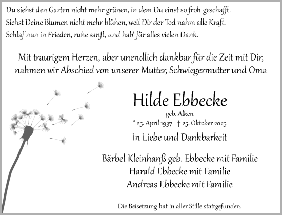 Traueranzeige von Hilde Ebbecke von Wiesbadener Kurier