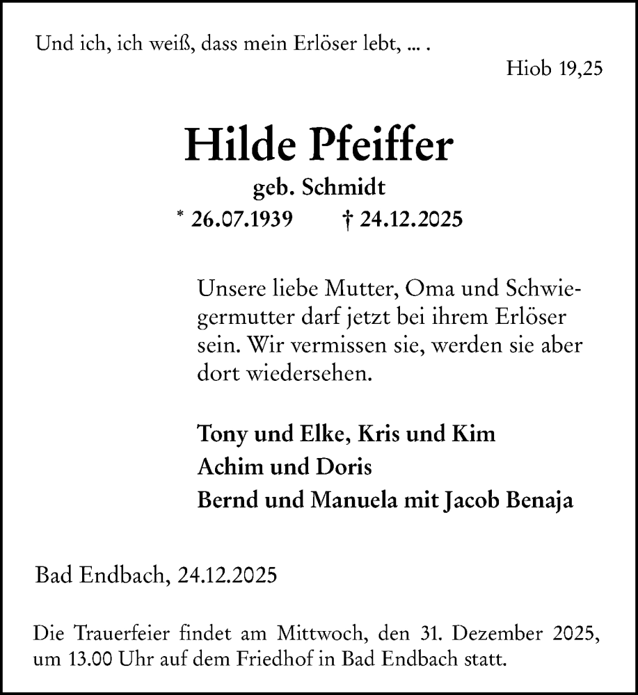  Traueranzeige für Hilde Pfeiffer vom 29.12.2025 aus Hinterländer Anzeiger
