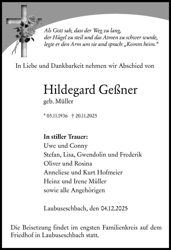  Traueranzeige für Hildegard Geßner vom 04.12.2025 aus Weilburger Tageblatt