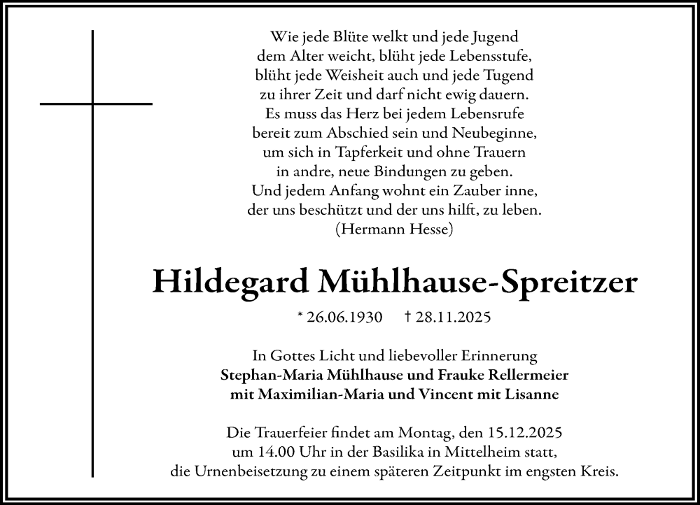  Traueranzeige für Hildegard Mühlhause-Spreitzer vom 06.12.2025 aus Wiesbadener Kurier