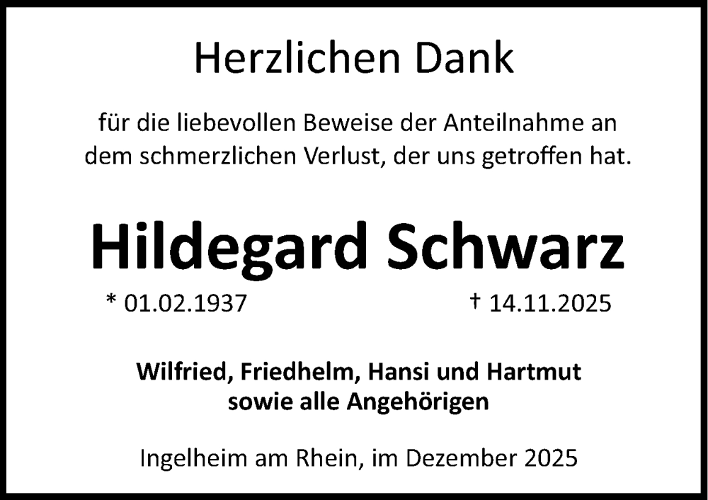  Traueranzeige für Hildegard Schwarz vom 13.12.2025 aus Allgemeine Zeitung Rheinhessen-Nahe