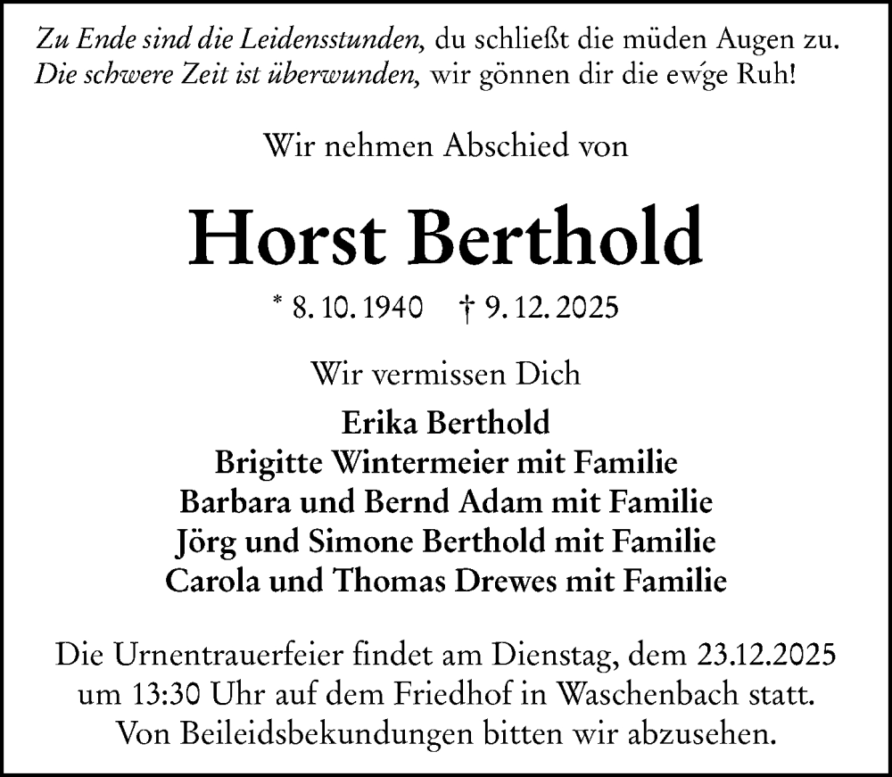  Traueranzeige für Horst Berthold vom 20.12.2025 aus Darmstädter Echo