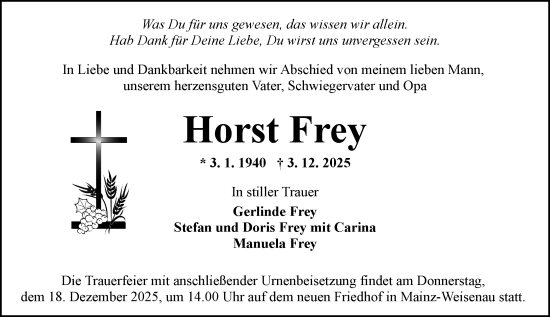 Traueranzeige von Horst Frey von Allgemeine Zeitung Mainz
