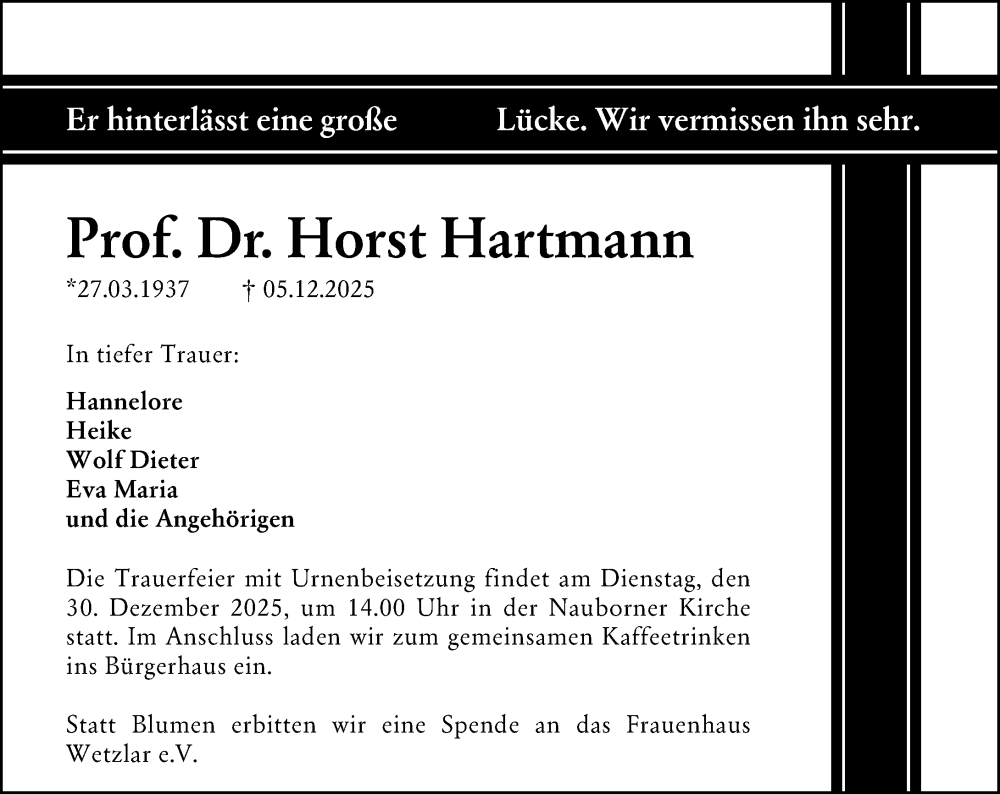  Traueranzeige für Horst Hartmann vom 20.12.2025 aus Wetzlarer Neue Zeitung
