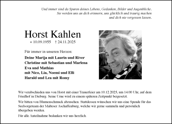 Traueranzeige von Horst Kahlen von Dieburger Anzeiger/Groß-Zimmerner Lokal-Anzeiger