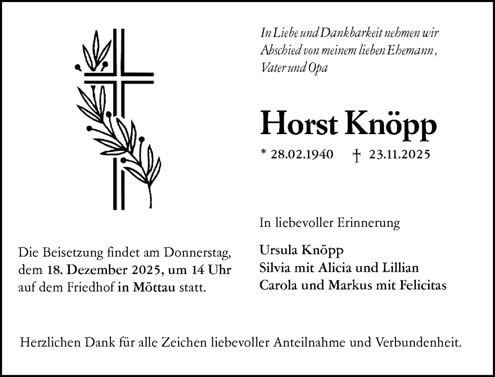  Traueranzeige für Horst Knöpp vom 13.12.2025 aus Weilburger Tageblatt
