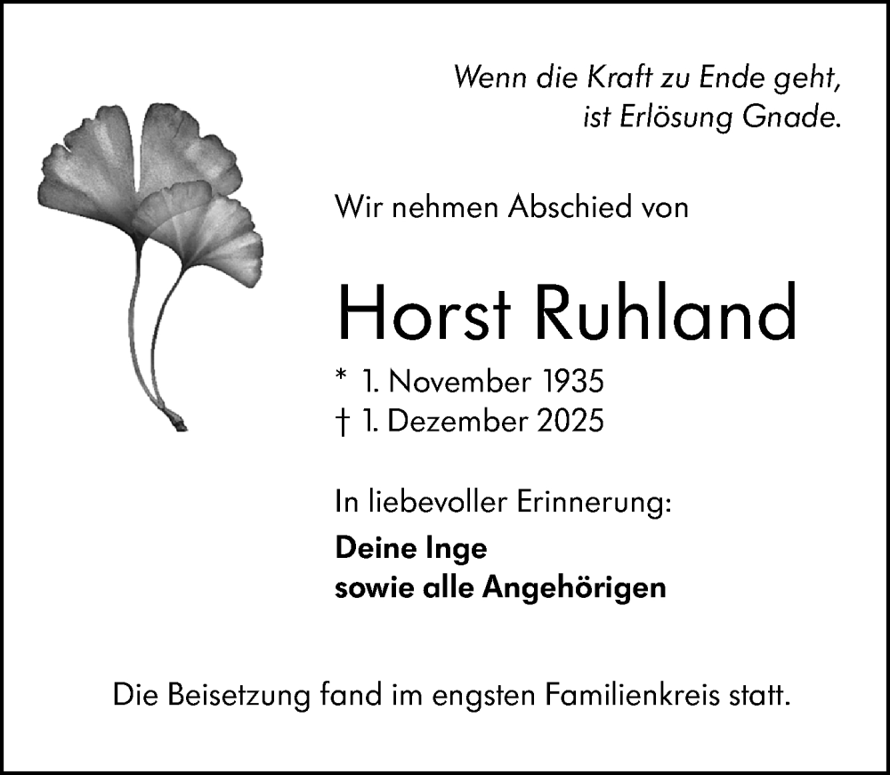  Traueranzeige für Horst Ruhland vom 20.12.2025 aus Rüsselsheimer Echo