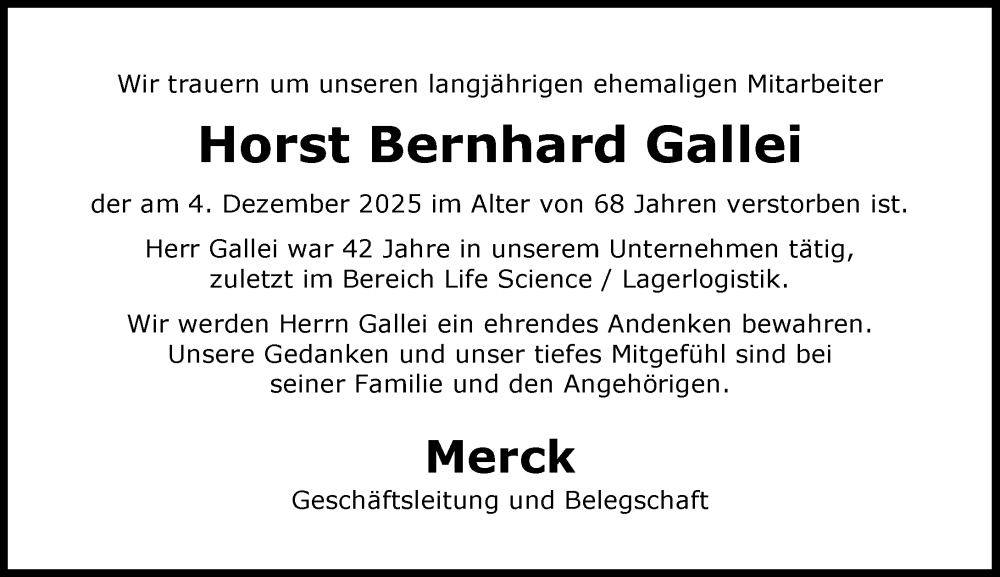  Traueranzeige für Horst Bernhard Gallei vom 23.12.2025 aus Darmstädter Echo