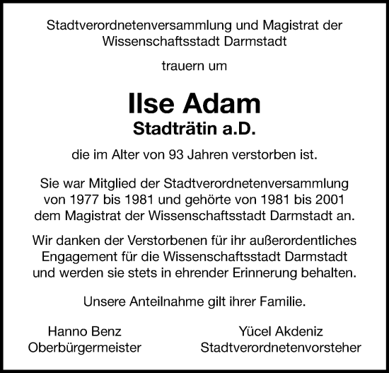 Traueranzeige von Ilse Adam von Darmstädter Echo