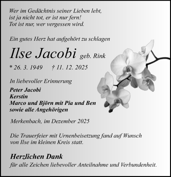 Traueranzeige von Ilse Jacobi von Dill Block