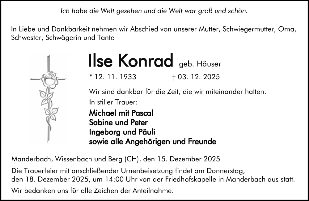  Traueranzeige für Ilse Konrad vom 15.12.2025 aus Dill Block