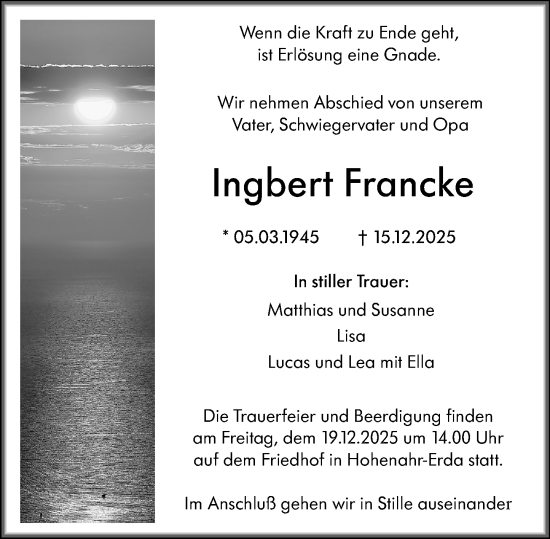 Traueranzeige von Ingbert Francke von Wetzlarer Neue Zeitung