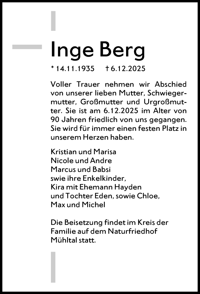  Traueranzeige für Inge Berg vom 20.12.2025 aus Darmstädter Echo