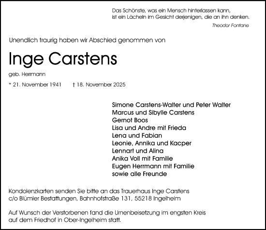 Traueranzeige von Inge Carstens von Allgemeine Zeitung Rheinhessen-Nahe