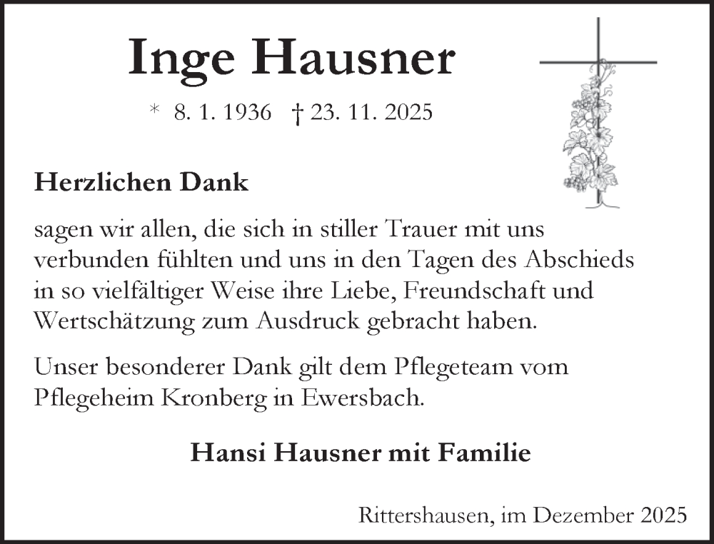  Traueranzeige für Inge Hausner vom 13.12.2025 aus Dill Block