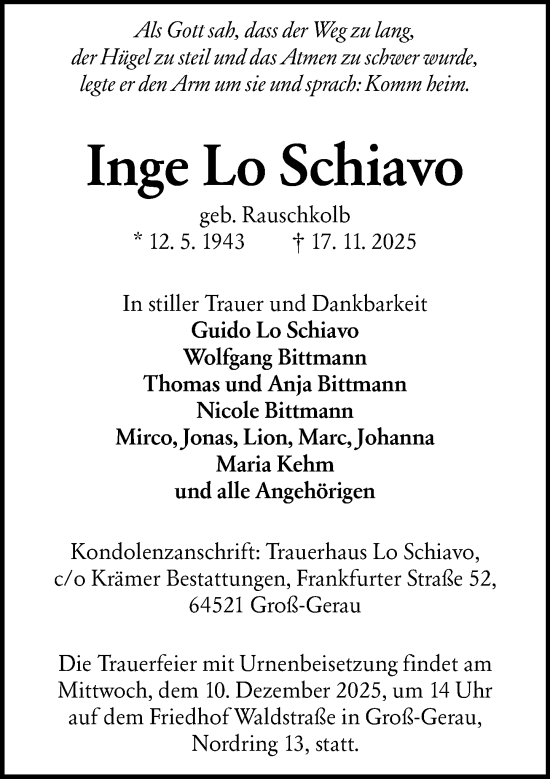 Traueranzeige von Inge Lo Schiavo von Groß-Gerauer Echo