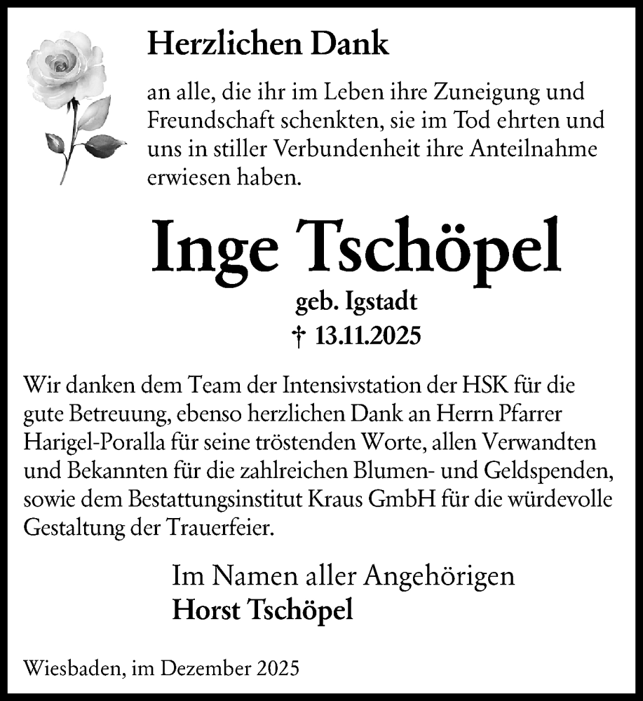  Traueranzeige für Inge Tschöpel vom 13.12.2025 aus Wiesbadener Kurier