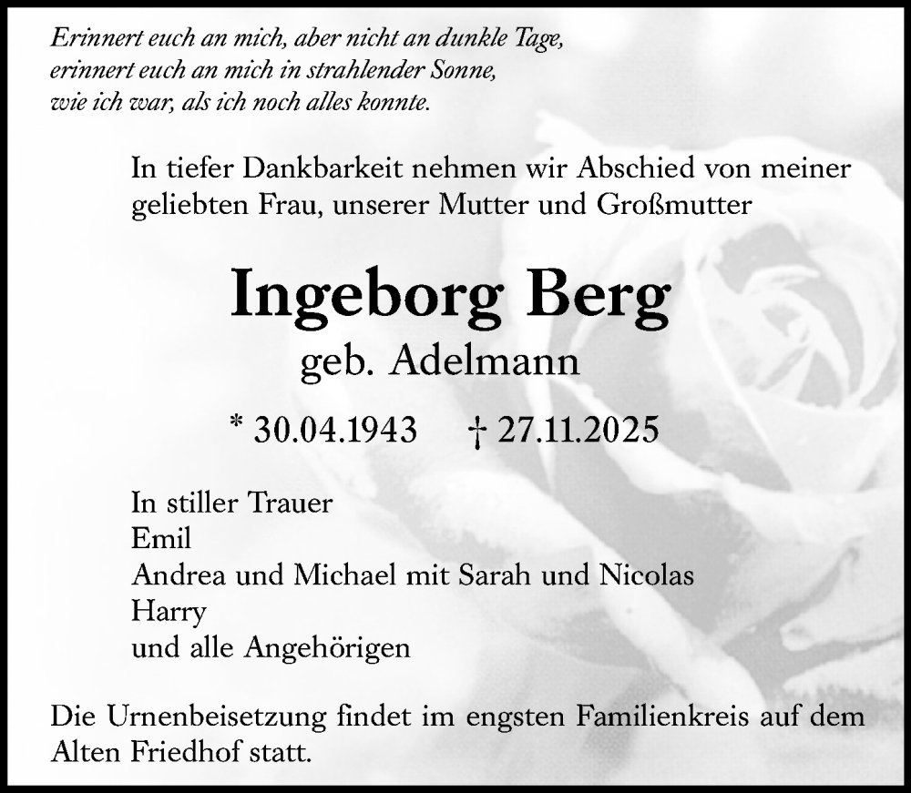  Traueranzeige für Ingeborg Berg vom 06.12.2025 aus Darmstädter Echo