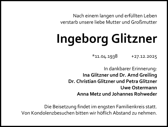 Traueranzeige von Ingeborg Glitzner von Wetzlarer Neue Zeitung