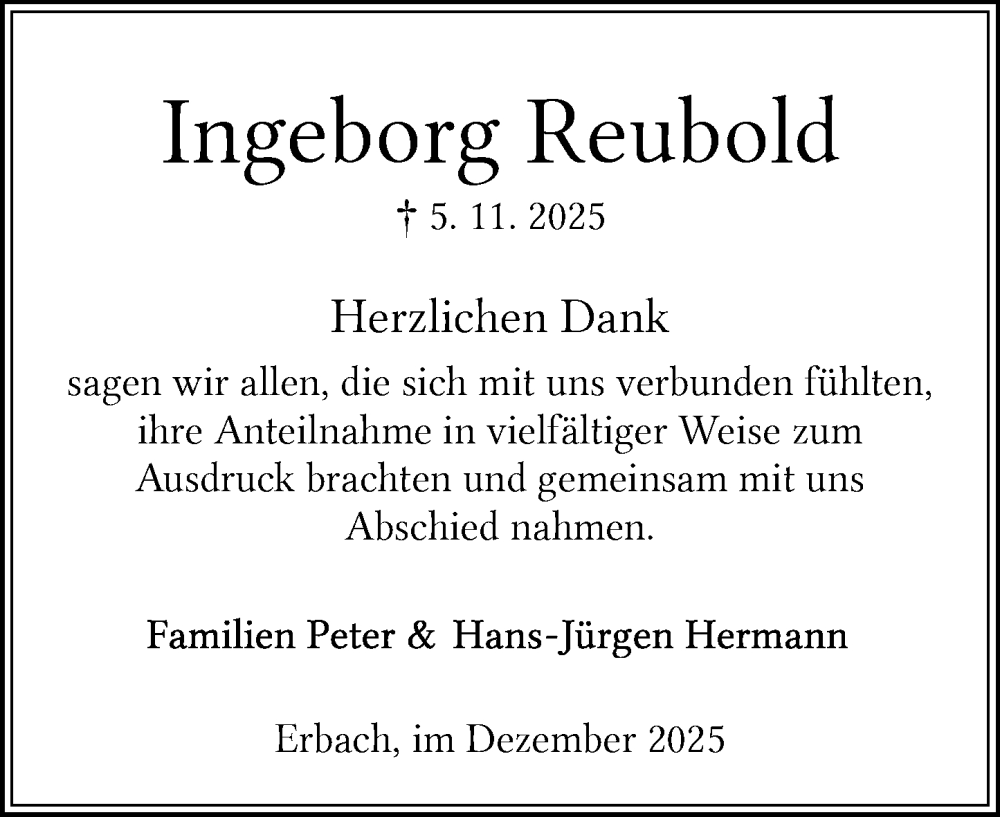  Traueranzeige für Ingeborg Reubold vom 06.12.2025 aus Odenwälder Echo