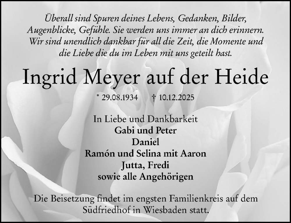  Traueranzeige für Ingrid Meyer auf der Heide vom 20.12.2025 aus Wiesbadener Kurier