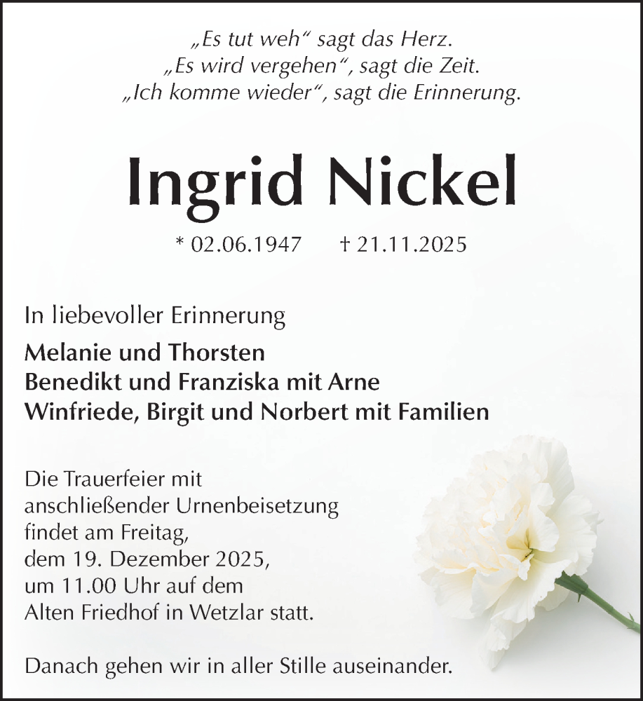  Traueranzeige für Ingrid Nickel vom 13.12.2025 aus Wetzlarer Neue Zeitung