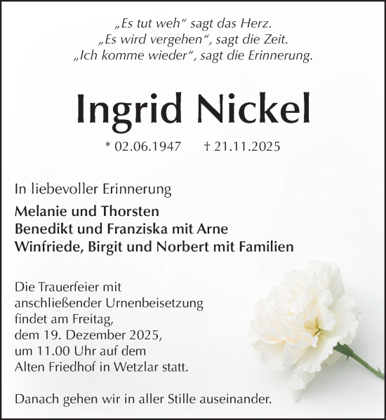 Traueranzeige von Ingrid Nickel von Wetzlarer Neue Zeitung