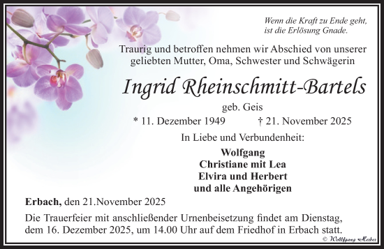 Traueranzeige von Ingrid Rheinschmitt-Bartels von Nassauische Neue Presse