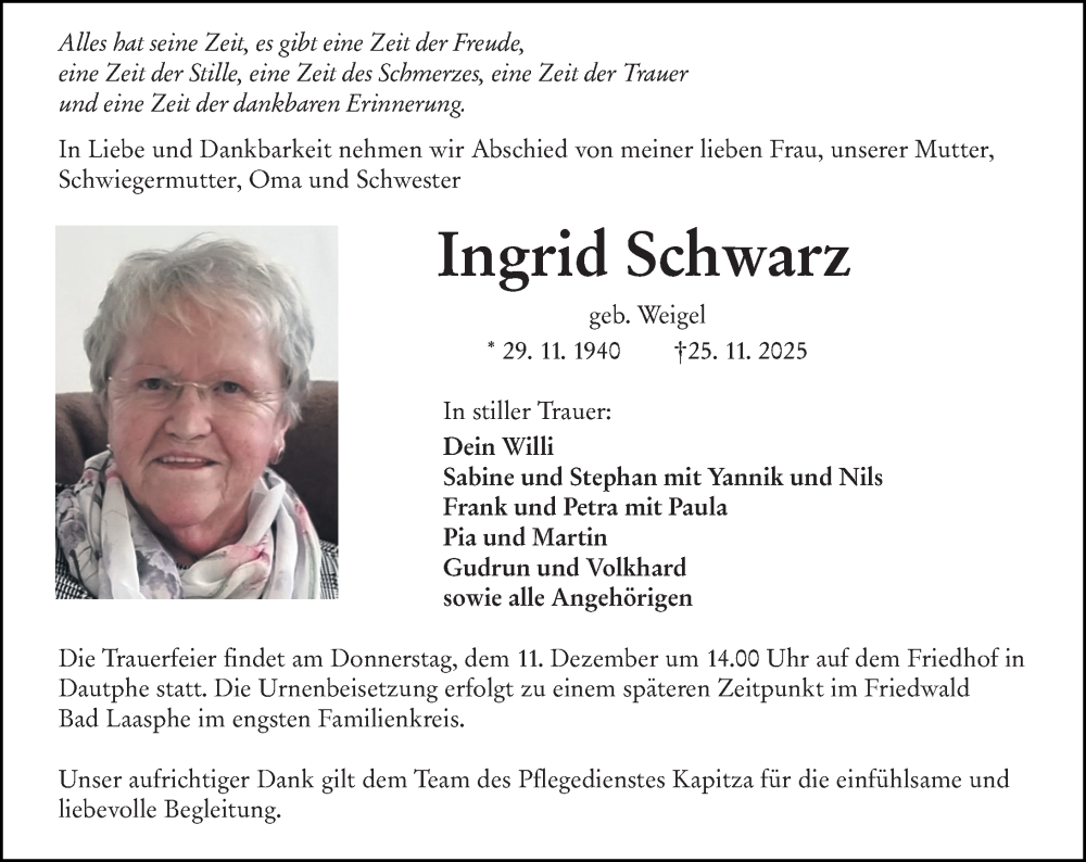  Traueranzeige für Ingrid Schwarz vom 06.12.2025 aus Hinterländer Anzeiger