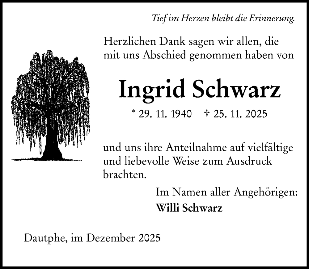  Traueranzeige für Ingrid Schwarz vom 30.12.2025 aus Hinterländer Anzeiger