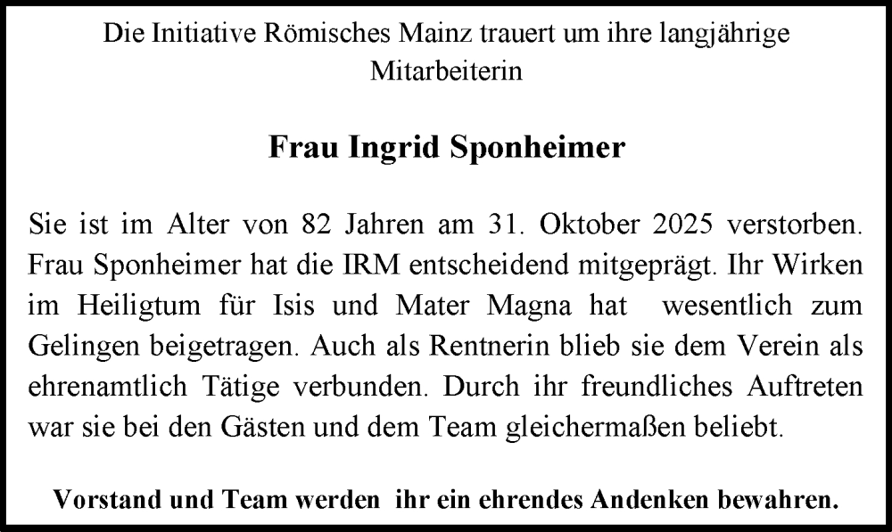  Traueranzeige für Ingrid Sponheimer vom 13.12.2025 aus Allgemeine Zeitung Mainz