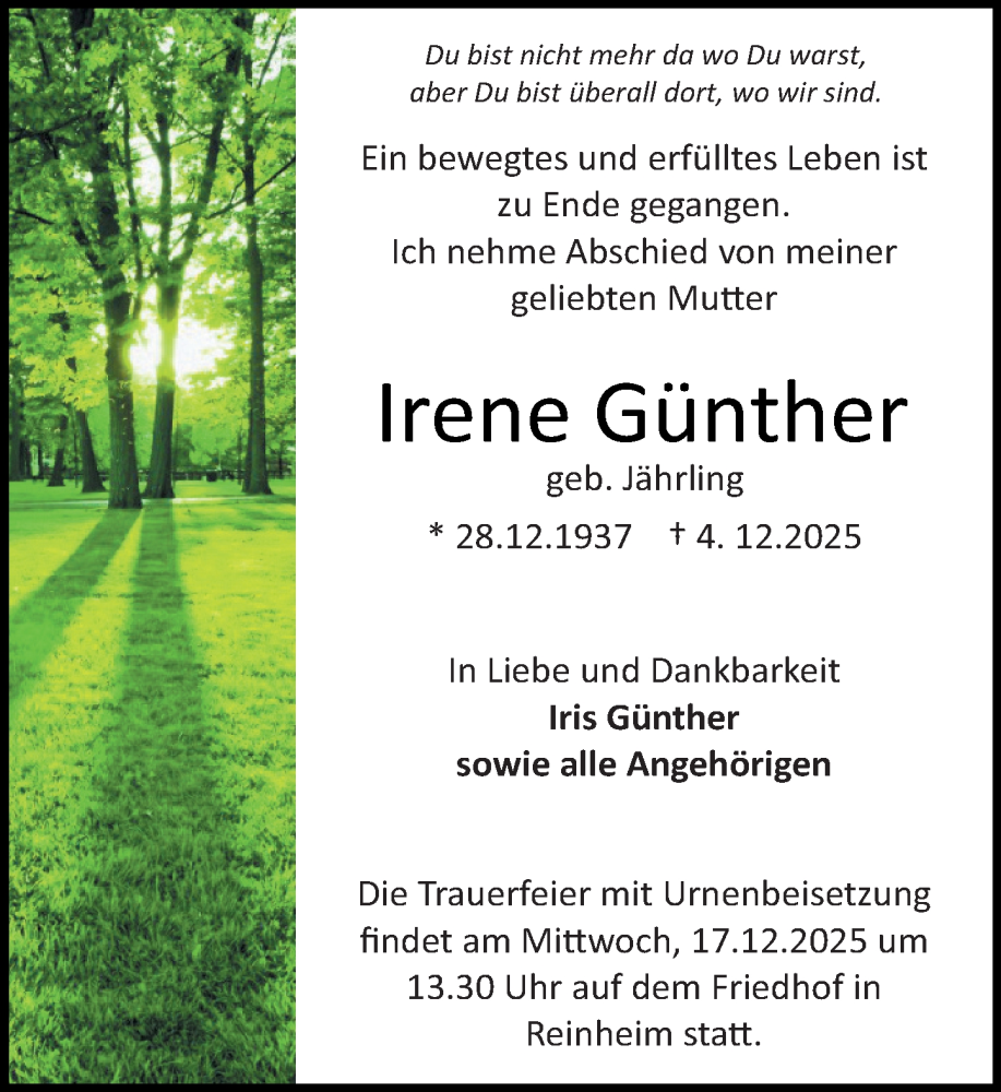  Traueranzeige für Irene Günther vom 13.12.2025 aus Darmstädter Echo