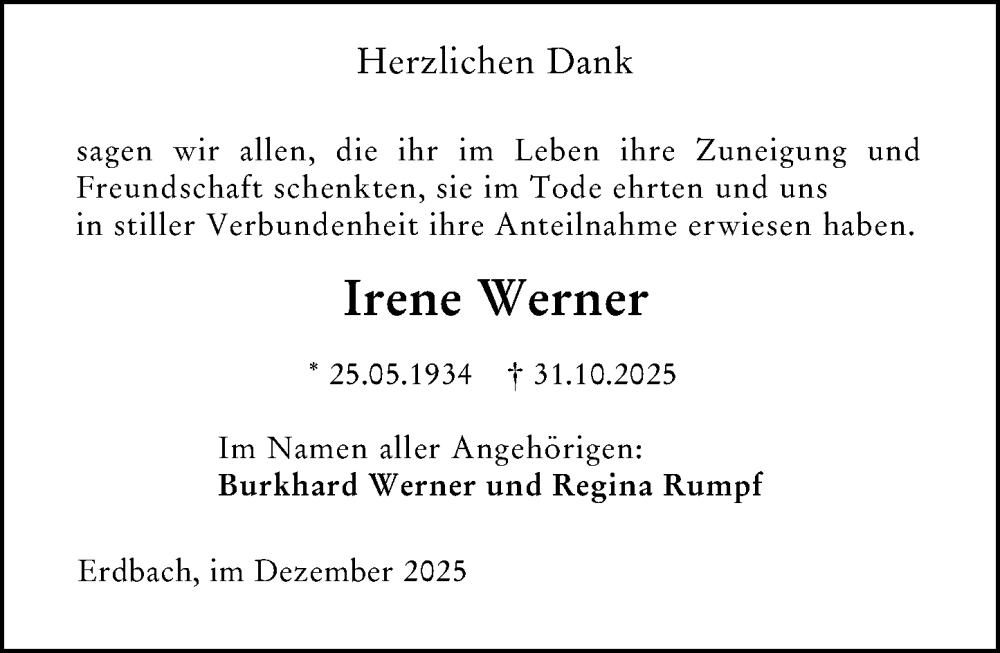  Traueranzeige für Irene Werner vom 13.12.2025 aus Dill Block