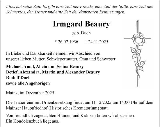 Traueranzeige von Irmgard Beaury von Allgemeine Zeitung Mainz