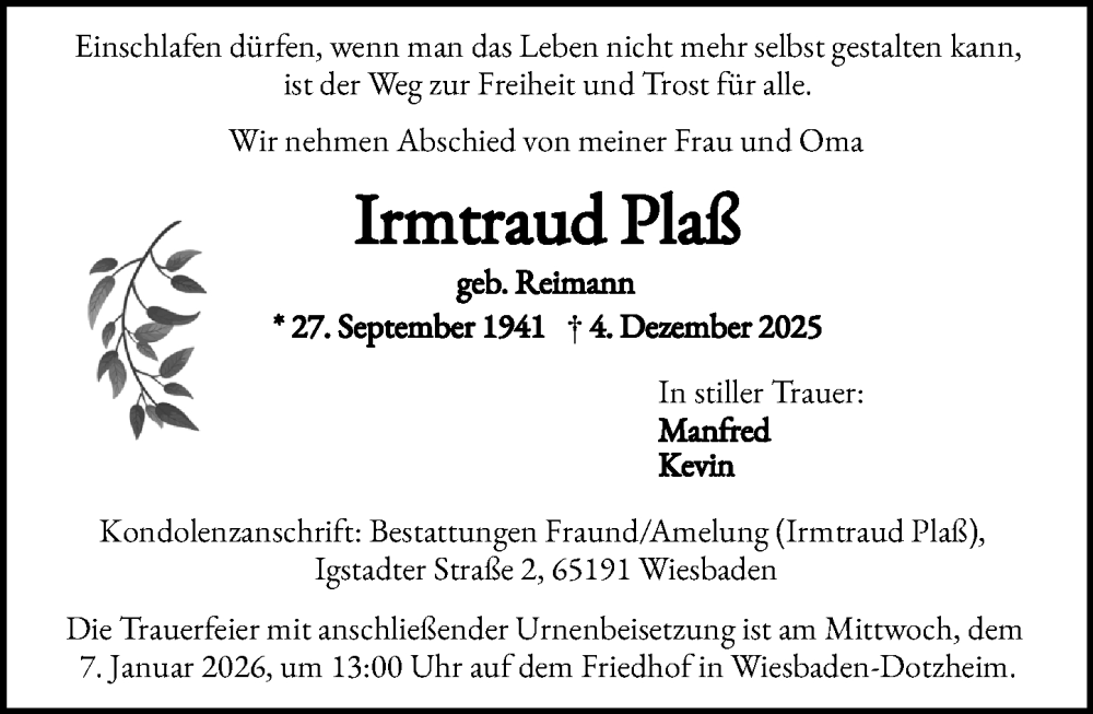  Traueranzeige für Irmtraud Plaß vom 20.12.2025 aus Wiesbadener Kurier