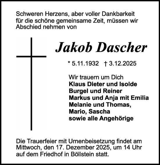 Traueranzeige von Jakob Dascher von Odenwälder Echo