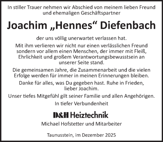 Traueranzeige von Joachim Diefenbach von Wiesbadener Kurier