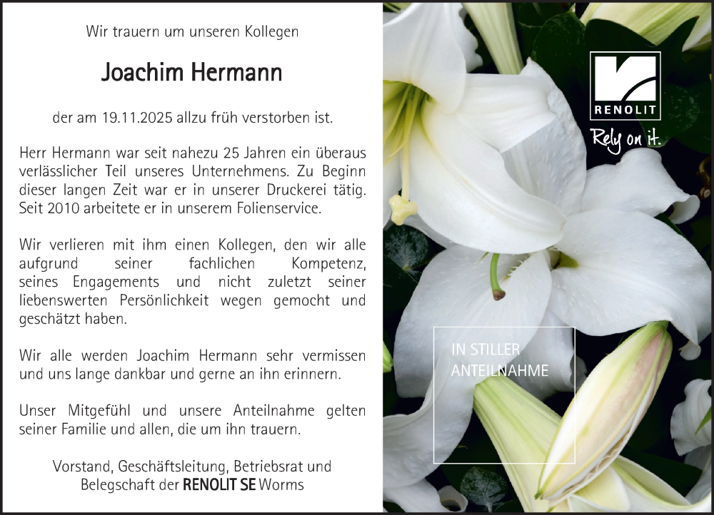  Traueranzeige für Joachim Hermann vom 06.12.2025 aus Wormser Zeitung