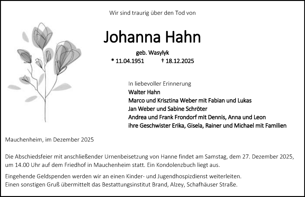  Traueranzeige für Johanna Hahn vom 20.12.2025 aus Allgemeine Zeitung Alzey