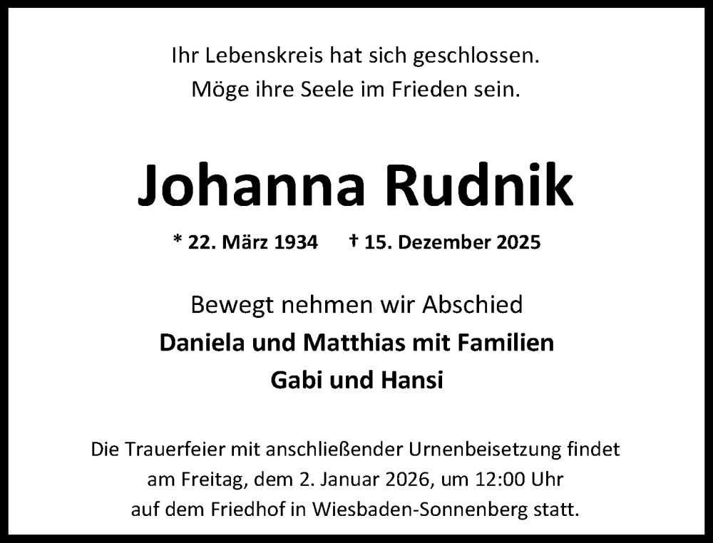 Traueranzeige für Johanna Rudnik vom 20.12.2025 aus Wiesbadener Kurier